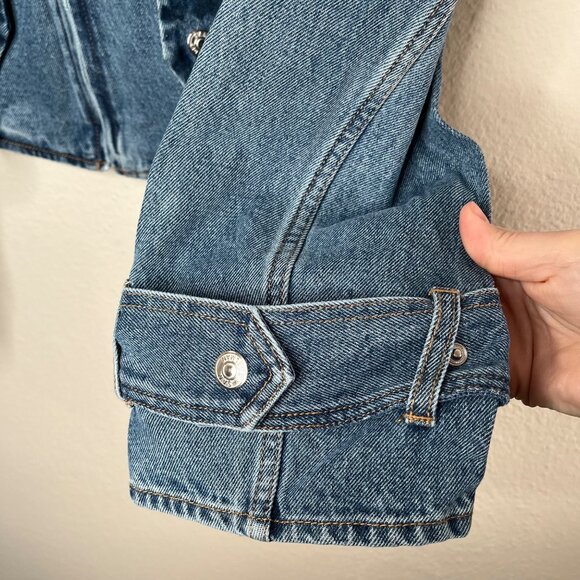 Sam Edelman Mesa High-Pile Fleece Collar Zip-Up Crop Denim Moto Jacket XS - Picture 5 of 11